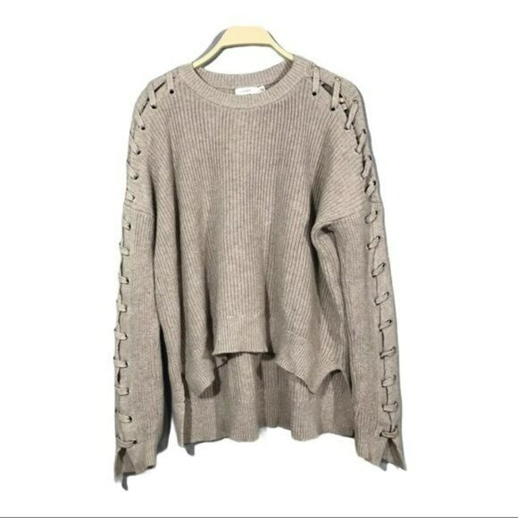 Lush Women Sweater SzS Brown Tan Strappy Laced Long Sleeve Hi Low Loose Slouchy - Picture 1 of 12